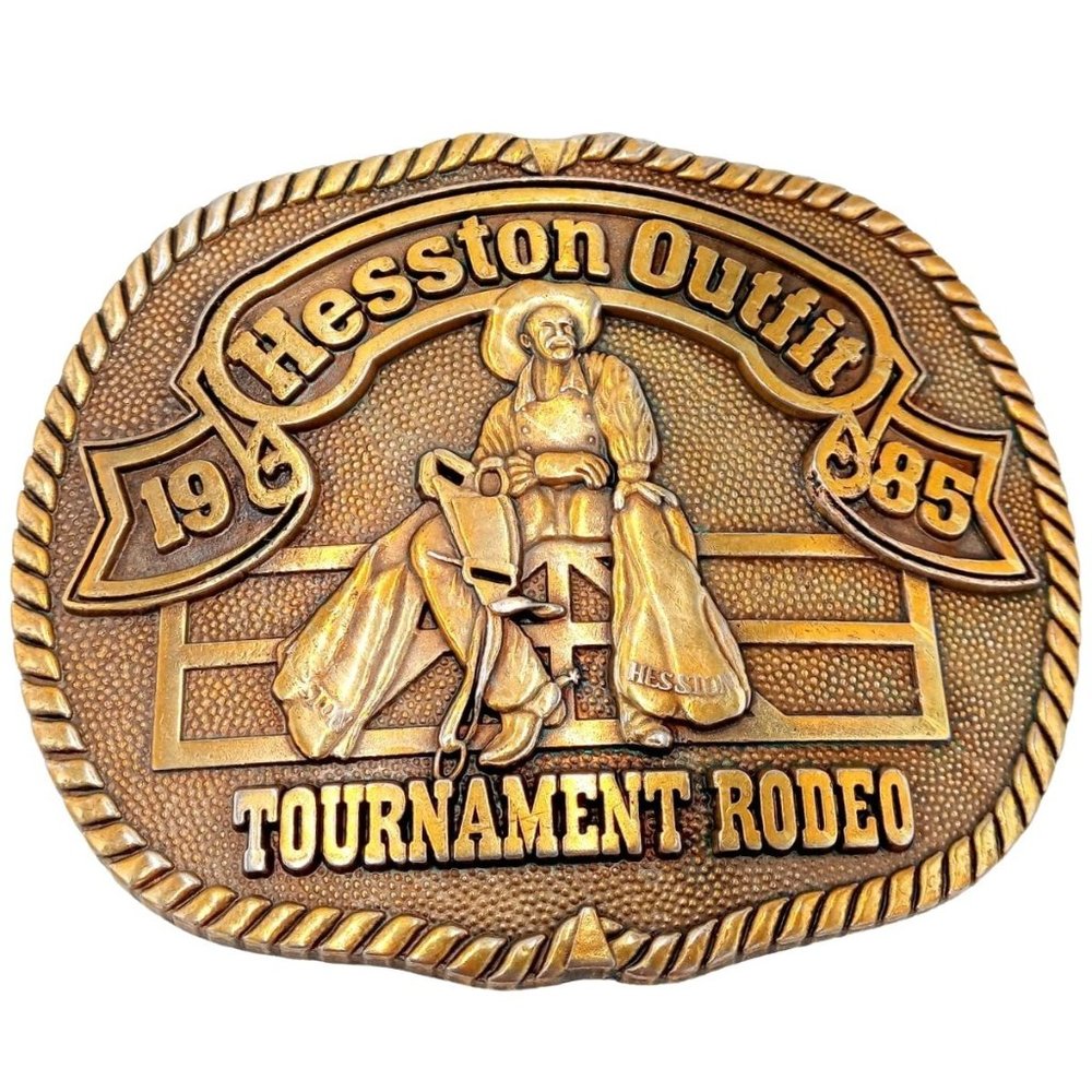 Rodeo Cowboy  Belt Buckle 1985 Hesston Outfit Tournament PRCA Vintage Western We